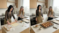 Dwie kobiety w kuchni wałkują i układają ślimaczki cynamonowe z ciasta francuskiego