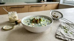 Miska postnej okroszki na białym kwasie z ogórkiem, ziołami i słonymi grzybami