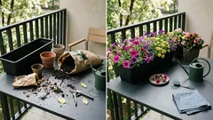 Balkonowy stół przed i po sadzeniu: rozsypana ziemia, puste doniczki i długa donica z kolorowymi kw 