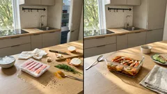 Surowe paluszki krabowe z czosnkiem i koperkiem na blacie oraz zamarynowane w sosie sojowo-czosnkowy