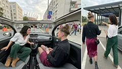 Dwie kobiety w małym aucie i potem wskazujące drogę przed stadionem, planują parkowanie przy Movitar